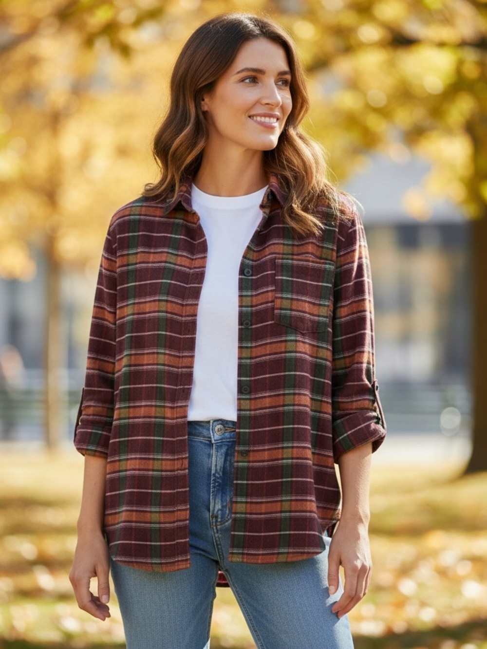 beachlunchlounge Plaid Button-Down Shirt - Rust, Green, Cream-Large